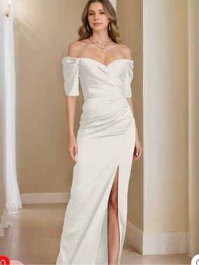 Off Shoulder White Evening Gown with Side Slit